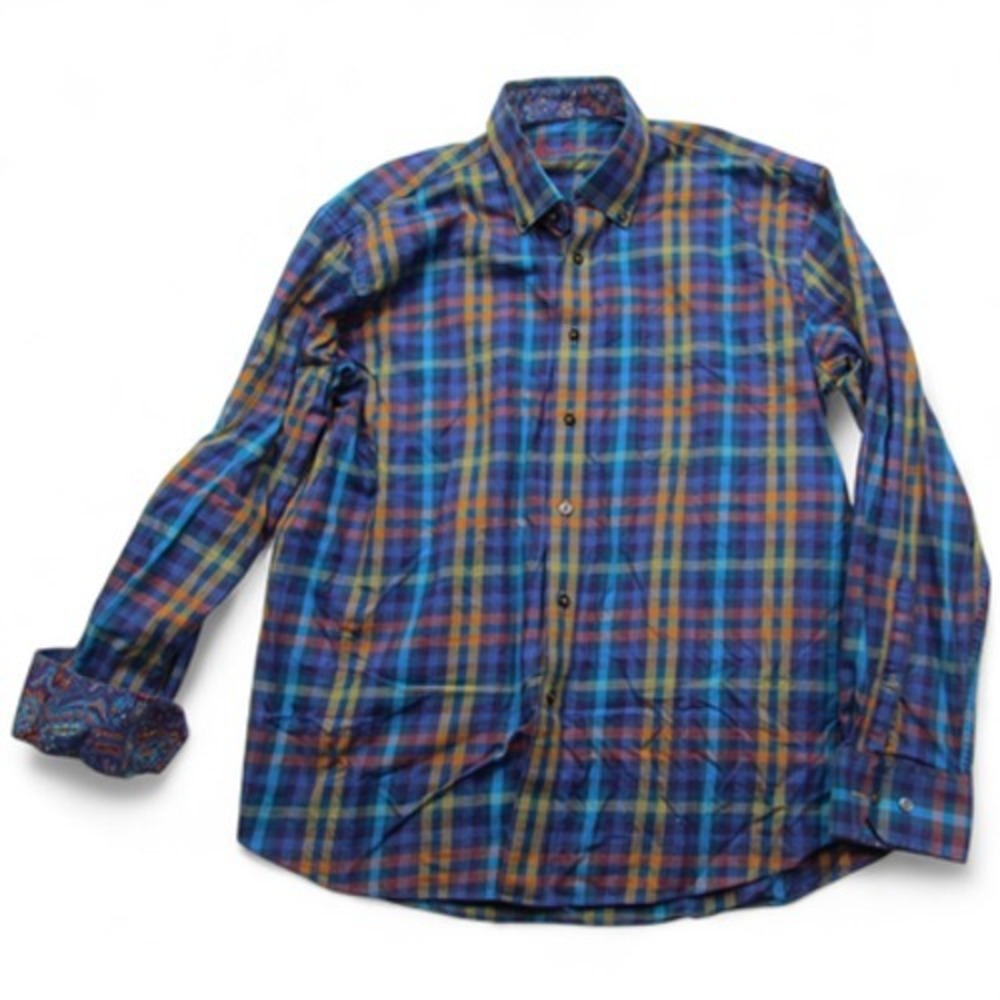 Alan Flusser Shirt Mens XL Plaid Button Down‎ Long Sleeve Paisley Trim Dress